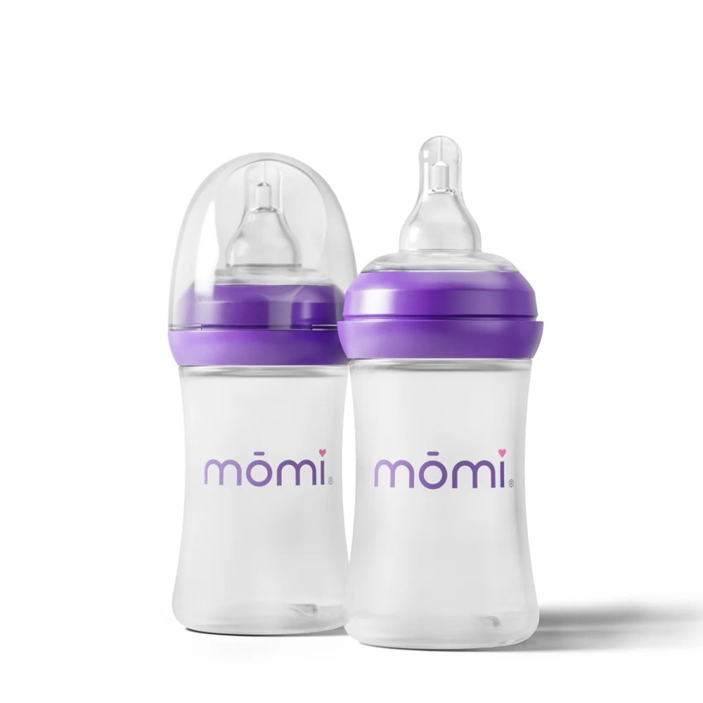 4x mōmi Breast-Like Baby Bottle & Nipple. 4oz Glass. 2 purple, 2 gray. Level 1.